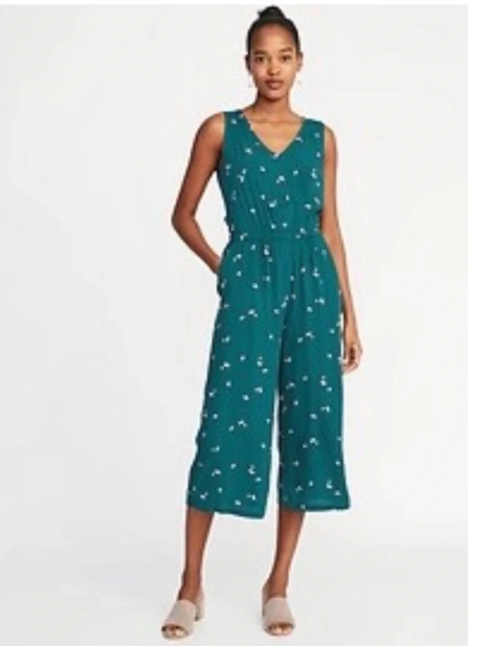 Old Navy Teal V-Neck Floral Sleeveless Jumpsuit